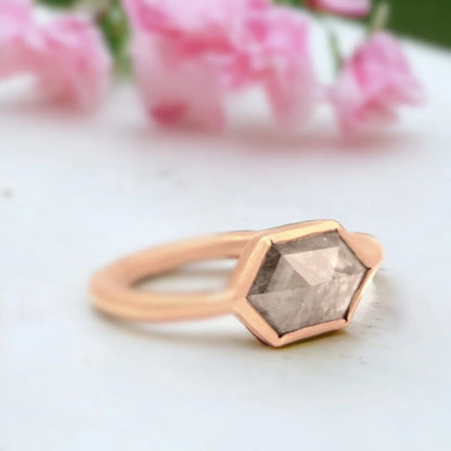 Natural Salt and Pepper Diamond Ring with Hexagon Cut Solitaire featuring a 2.04 CT hexagon-cut natural salt and pepper diamond in a center stone solitaire design with a geometric ring style and modern minimalist aesthetic.