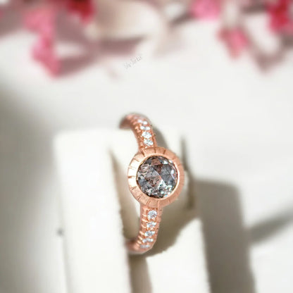 Natural Salt and Pepper Diamond Ring Half Eternity Fine Diamond V Band featuring a round-cut grey-toned salt-and-pepper diamond in a handcrafted half eternity V band design with round diamond accents and a straight shank.