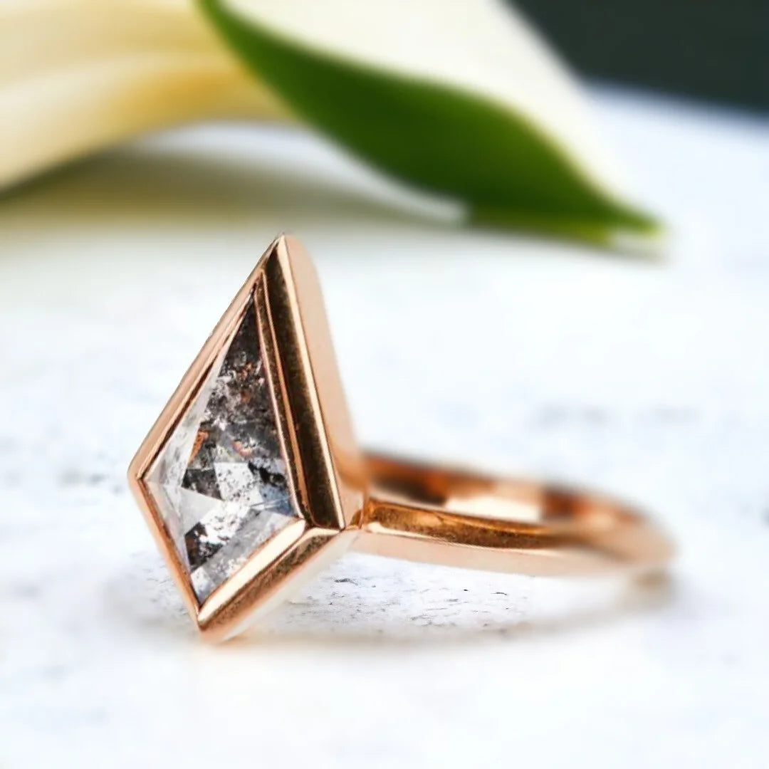 Natural Salt and Pepper Diamond Ring Ascendant Arch Prism Design featuring a kite-cut salt-and-pepper diamond in a solitaire setting with a sleek geometric ring design and refined band silhouette.