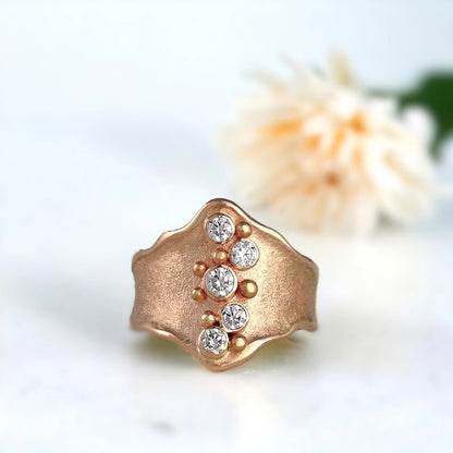 Natural White Diamond Engagement Ring Victorian Wedding Band Ring featuring a 0.72 CT round brilliant-cut diamond with a handcrafted organic gold band, straight shank structure, and tapered, elegant silhouette designed for engagement and anniversary wear.