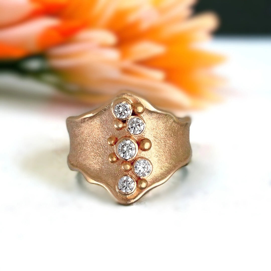Natural White Diamond Engagement Ring Victorian Wedding Band Ring featuring a 0.72 CT round brilliant-cut diamond with a handcrafted organic gold band, straight shank structure, and tapered, elegant silhouette designed for engagement and anniversary wear.