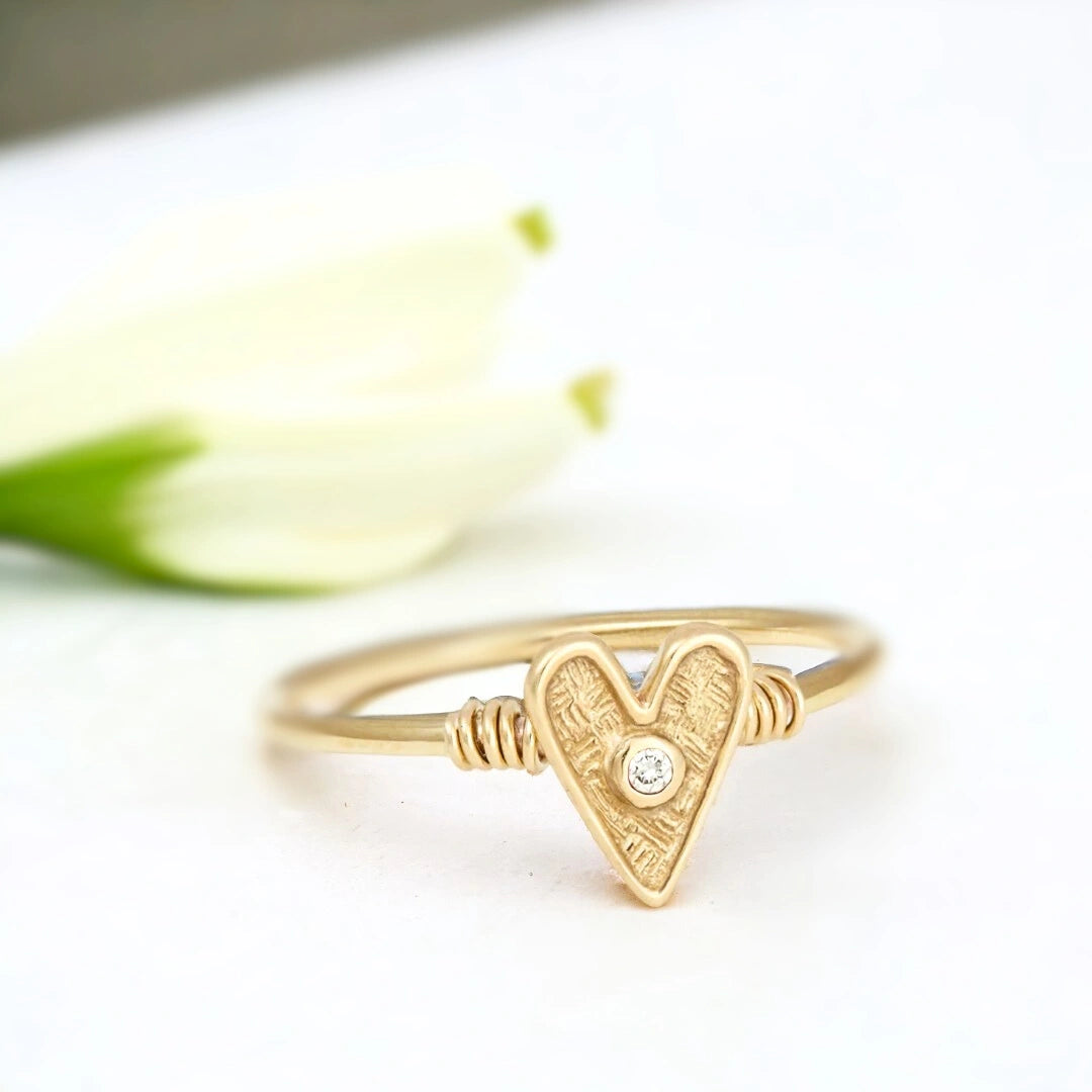 Natural White Diamond Ring Amore Love Heart Solid Gold Ring featuring natural white diamonds with F colour and VS1 clarity, round 2.10mm stones, slim 1.50mm band, and a clean, straight shank minimalist design in solid gold