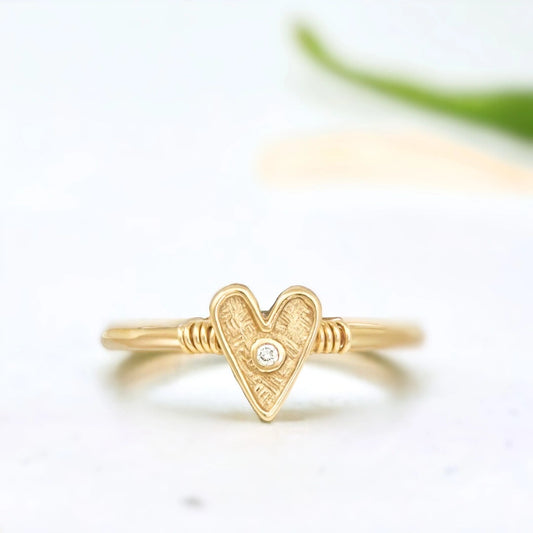 Natural White Diamond Ring Amore Love Heart Solid Gold Ring featuring natural white diamonds with F colour and VS1 clarity, round 2.10mm stones, slim 1.50mm band, and a clean, straight shank minimalist design in solid gold