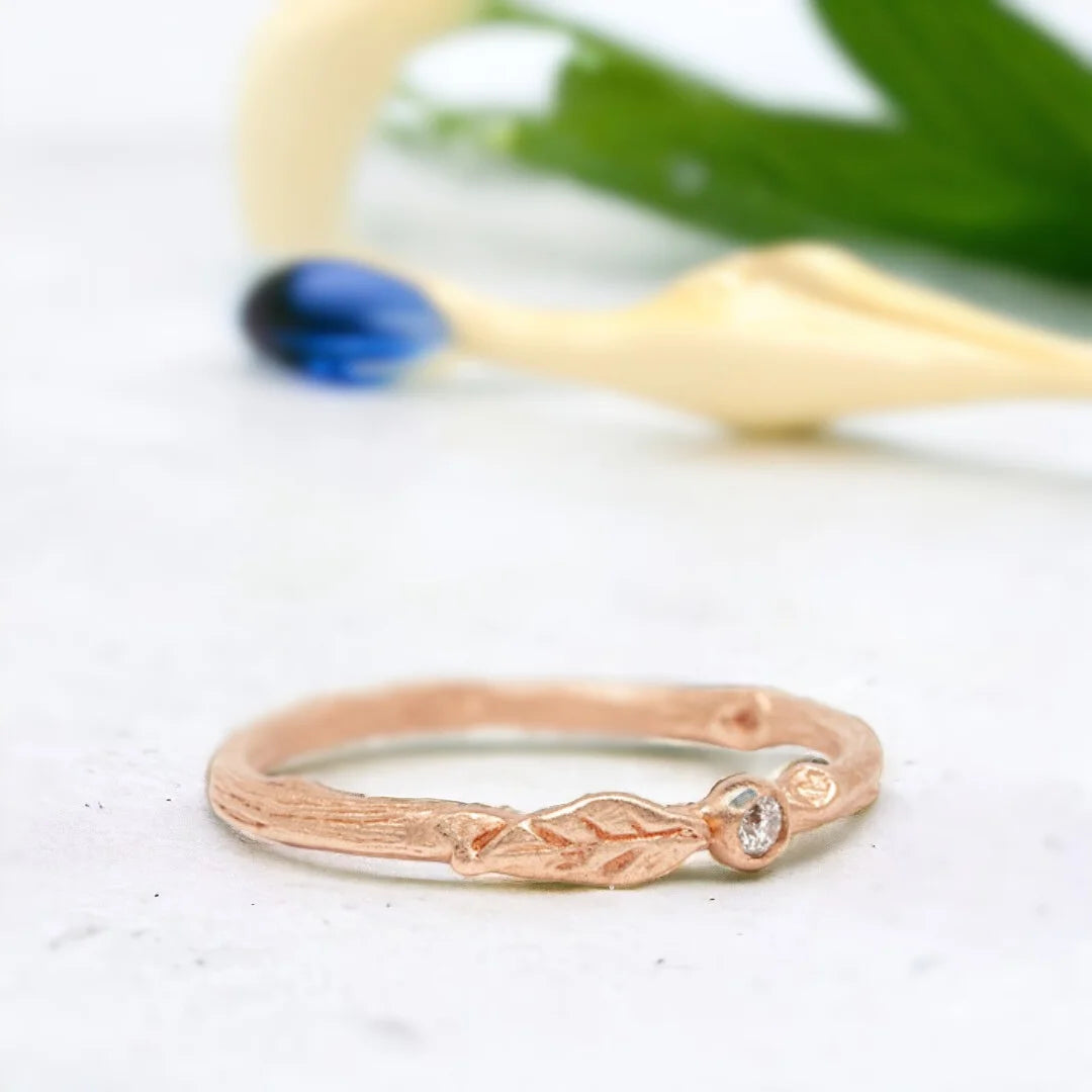 Natural White Diamond Ring Minimalist Stacking Design featuring a round cut natural white diamond on a slim straight shank band with a delicate minimalist stacking ring style and timeless everyday elegance.