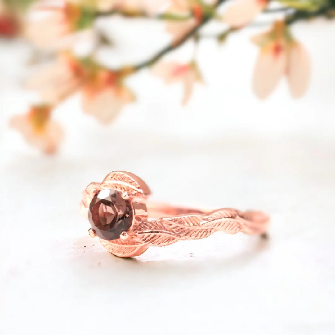 Nature-inspired Alexandrite Ring Hand-Engraved Organic 0.83 Ct Ring featuring a round-cut 0.83 CT natural sapphire with warm earthy brilliance and a sleek straight band with organic handcrafted detailing and minimalist fine jewellery styling.