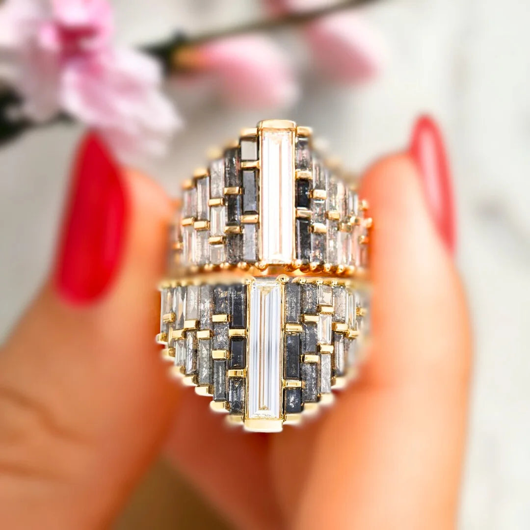 Ombre Baguette Diamond Ring OOAK Castle Design Statement Ring featuring a white baguette diamond centre stone with salt-and-pepper grey baguette side stones and bold geometric ombre design with reverse-tapered sculptural setting and polished finish