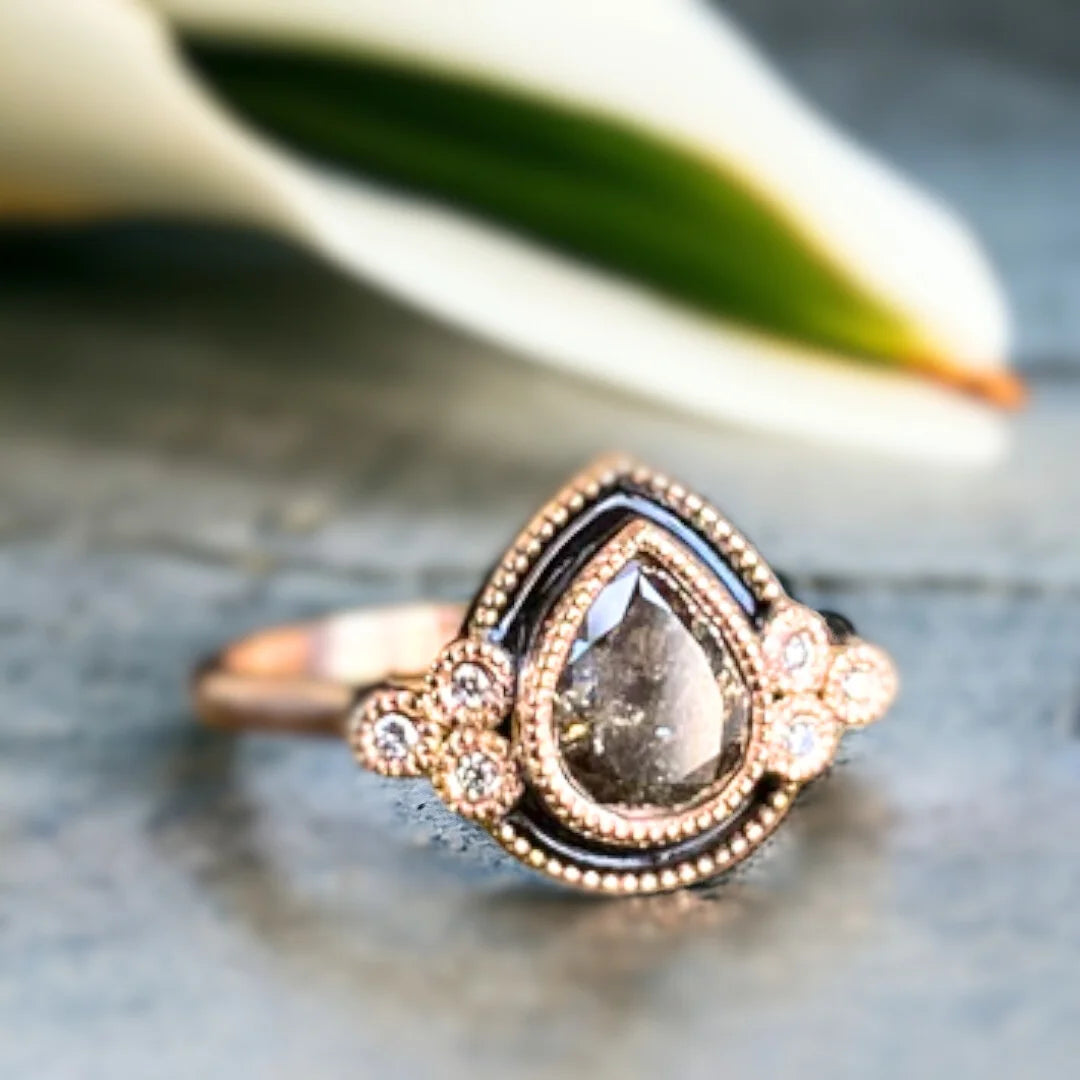 Pear Shape Salt and Pepper Diamond Ring Cathedral Custom Style Jewelry featuring a pear-cut salt-and-pepper center diamond with organic natural inclusions, accented by round side stones, set in a cathedral-inspired design with a straight shank band and refined engagement ring style.