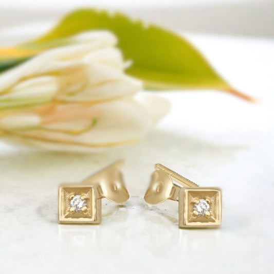 Square diamond stud earrings featuring petite round-cut natural diamonds set in solid rose gold with a minimalist and elegant handcrafted design for everyday luxury wear.