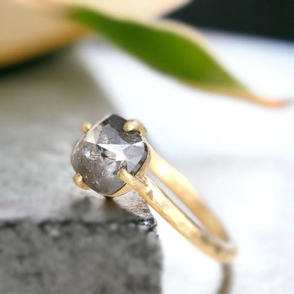 Rose Cushion Salt and Pepper Diamond Ring 1.82 CT Bridal Ring featuring a natural rose cushion-cut salt-and-pepper diamond with unique inclusions, straight shank band, soft geometric silhouette, and handcrafted bridal ring design.