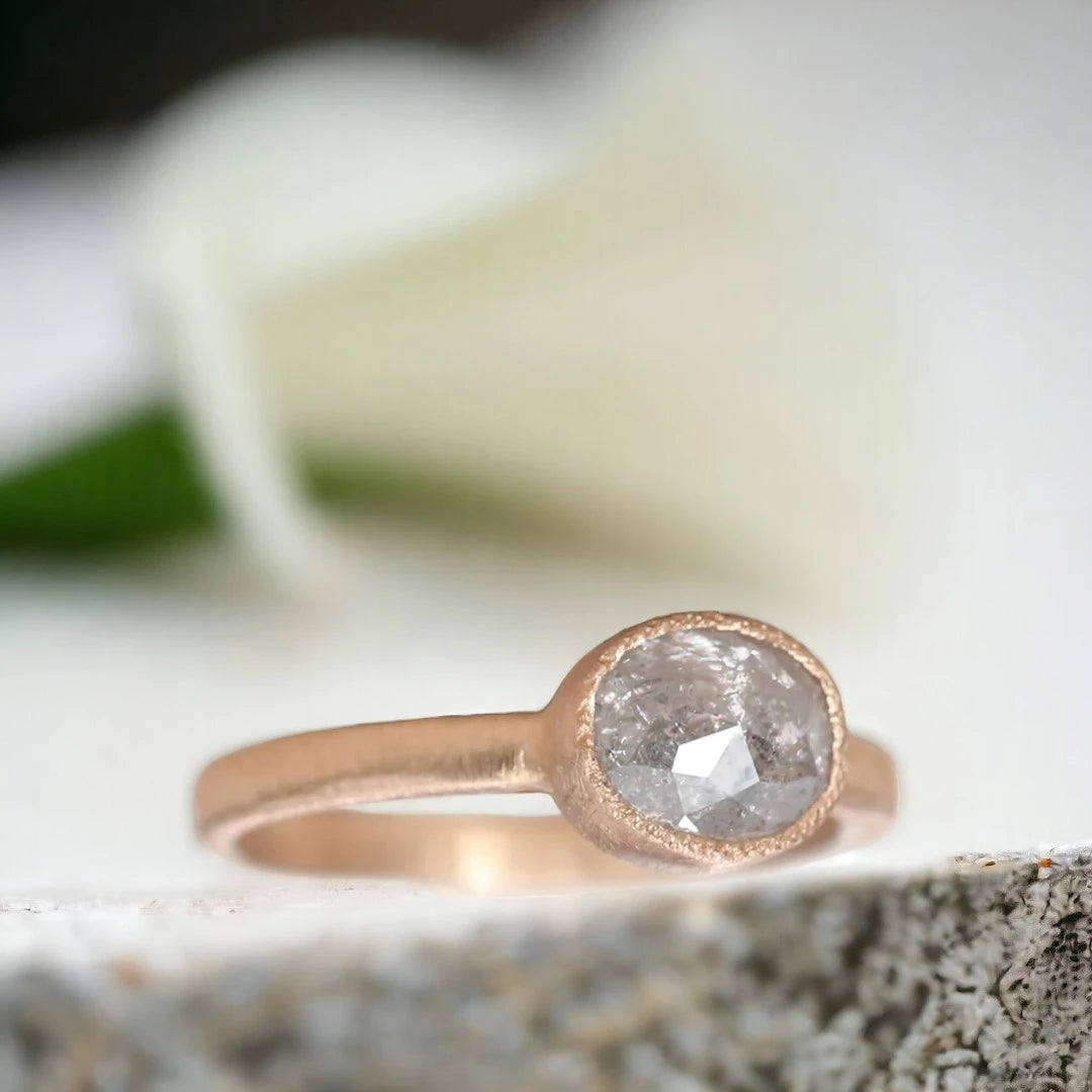 Rose Cushion Salt and Pepper Diamond Ring 1.90 CT Solitaire featuring a natural rose cushion-cut salt-and-pepper diamond in a solitaire setting with a straight shank band and artisan-inspired geometric design.