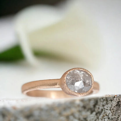 Rose Cushion Salt and Pepper Diamond Ring 1.90 CT Solitaire featuring a natural rose cushion-cut salt-and-pepper diamond in a solitaire setting with a straight shank band and artisan-inspired geometric design.