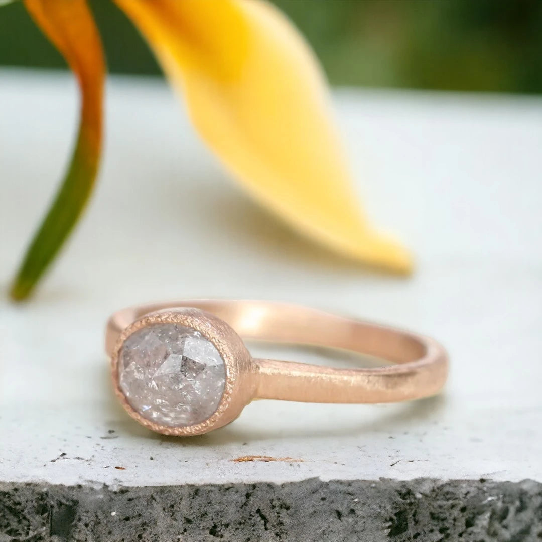 Rose Cushion Salt and Pepper Diamond Ring 1.90 CT Solitaire featuring a natural rose cushion-cut salt-and-pepper diamond in a solitaire setting with a straight shank band and artisan-inspired geometric design.