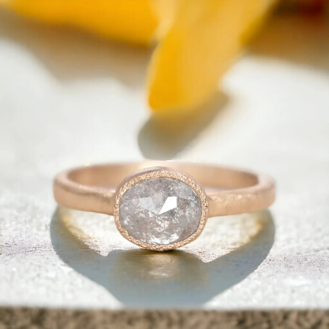 Rose Cushion Salt and Pepper Diamond Ring 1.90 CT Solitaire featuring a natural rose cushion-cut salt-and-pepper diamond in a solitaire setting with a straight shank band and artisan-inspired geometric design.
