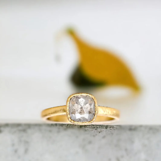 Rose Cushion Salt and Pepper Diamond Ring with 2.10 CT Stone featuring a natural rose cushion-cut salt-and-pepper diamond in a handcrafted statement ring design with a straight shank band, organic layered setting, and modern geometric style.