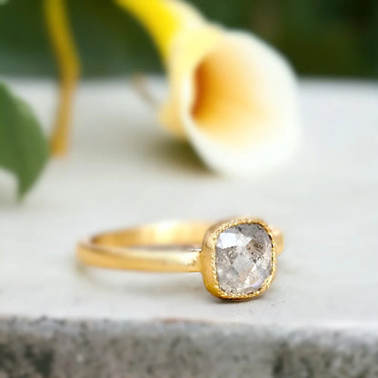 Rose Cushion Salt and Pepper Diamond Ring with 2.10 CT Stone featuring a natural rose cushion-cut salt-and-pepper diamond in a handcrafted statement ring design with a straight shank band, organic layered setting, and modern geometric style.