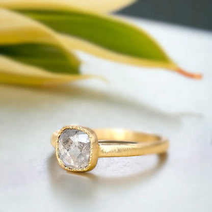 Rose Cushion Salt and Pepper Diamond Ring with 2.10 CT Stone featuring a natural rose cushion-cut salt-and-pepper diamond in a handcrafted statement ring design with a straight shank band, organic layered setting, and modern geometric style.