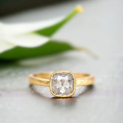 Rose Cushion Salt and Pepper Diamond Ring with 2.10 CT Stone featuring a natural rose cushion-cut salt-and-pepper diamond in a handcrafted statement ring design with a straight shank band, organic layered setting, and modern geometric style.