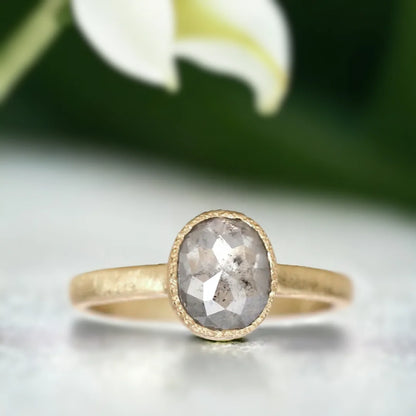 Rose Elongated Cushion Salt and Pepper Diamond Ring 2.30 CT featuring a natural rose elongated cushion-cut salt-and-pepper diamond in a handcrafted statement ring design with a straight shank band, organic layered setting, and artisan-finished detailing.