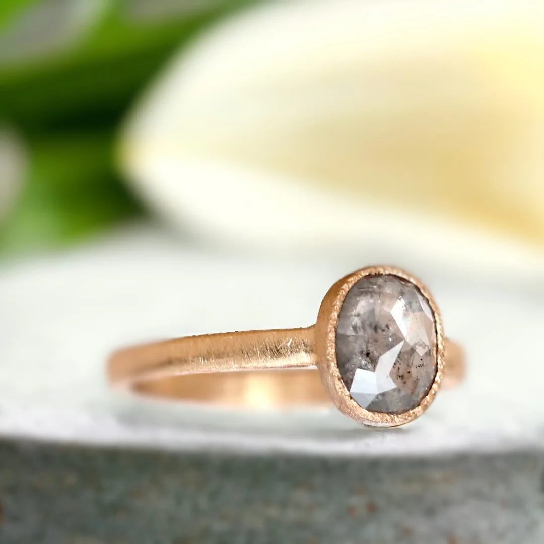 Rose Elongated Cushion Salt and Pepper Diamond Ring 2.30 CT featuring a natural rose elongated cushion-cut salt-and-pepper diamond in a handcrafted statement ring design with a straight shank band, organic layered setting, and artisan-finished detailing.