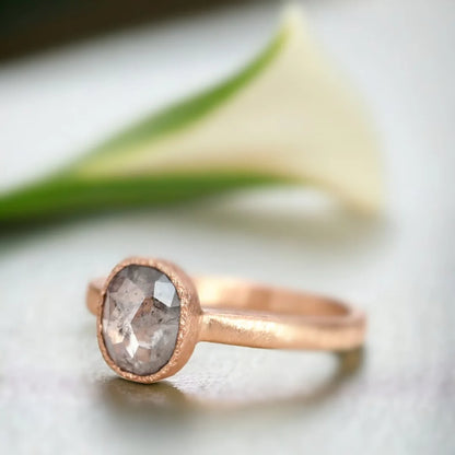 Rose Elongated Cushion Salt and Pepper Diamond Ring 2.30 CT featuring a natural rose elongated cushion-cut salt-and-pepper diamond in a handcrafted statement ring design with a straight shank band, organic layered setting, and artisan-finished detailing.