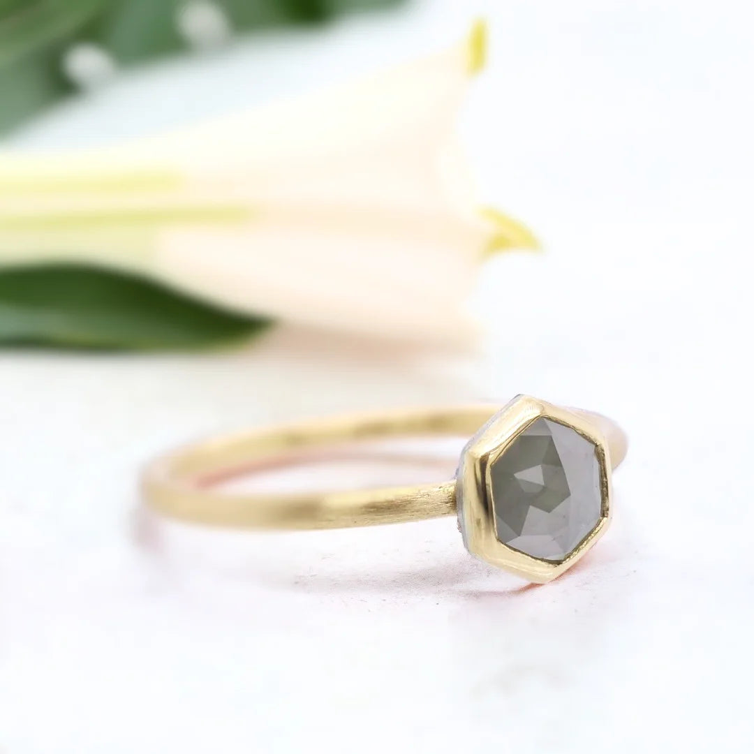 Rose Hexagon Salt and Pepper Diamond Ring with Rose Cut Diamond featuring a rose hexagon cut salt and pepper diamond in a geometric setting with a straight shank band and organic handcrafted design.