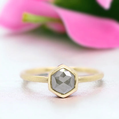 Rose Hexagon Salt and Pepper Diamond Ring with Rose Cut Diamond featuring a rose hexagon cut salt and pepper diamond in a geometric setting with a straight shank band and organic handcrafted design.