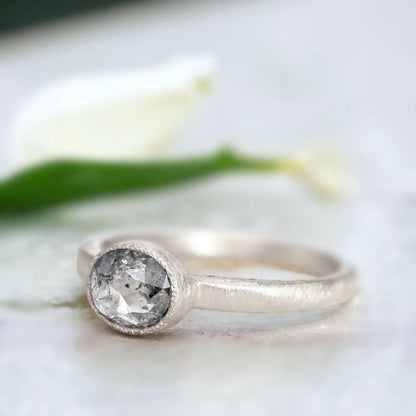 Rose Old Cushion Salt and Pepper Diamond Ring Victorian Style featuring a rose old cushion-cut salt-and-pepper diamond in a vintage-inspired engagement ring design with a straight shank band and artisan handcrafted detailing.