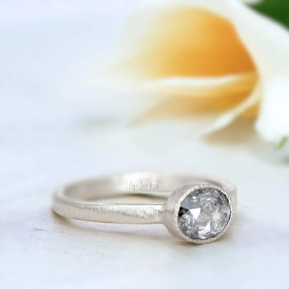 Rose Old Cushion Salt and Pepper Diamond Ring Victorian Style featuring a rose old cushion-cut salt-and-pepper diamond in a vintage-inspired engagement ring design with a straight shank band and artisan handcrafted detailing.