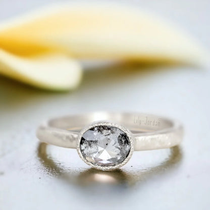 Rose Old Cushion Salt and Pepper Diamond Ring Victorian Style featuring a rose old cushion-cut salt-and-pepper diamond in a vintage-inspired engagement ring design with a straight shank band and artisan handcrafted detailing.