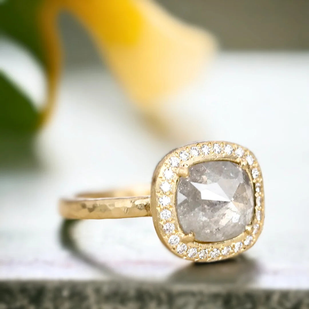 Rose Straight Cushion Salt and Pepper Diamond Ring 1.80 CT featuring a rose straight cushion-cut salt-and-pepper diamond center stone with round side diamonds, straight shank band, organic textured handmade design, and soft geometric ring silhouette.