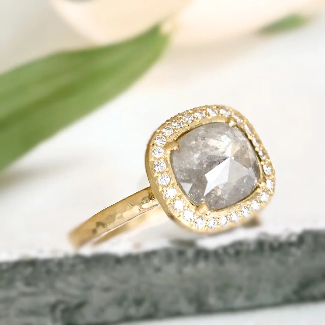 Rose Straight Cushion Salt and Pepper Diamond Ring 1.80 CT featuring a rose straight cushion-cut salt-and-pepper diamond center stone with round side diamonds, straight shank band, organic textured handmade design, and soft geometric ring silhouette.