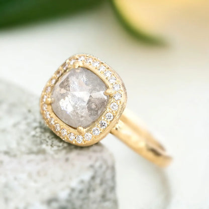 Rose Straight Cushion Salt and Pepper Diamond Ring 1.80 CT featuring a rose straight cushion-cut salt-and-pepper diamond center stone with round side diamonds, straight shank band, organic textured handmade design, and soft geometric ring silhouette.