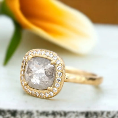 Rose Straight Cushion Salt and Pepper Diamond Ring 1.80 CT featuring a rose straight cushion-cut salt-and-pepper diamond center stone with round side diamonds, straight shank band, organic textured handmade design, and soft geometric ring silhouette.