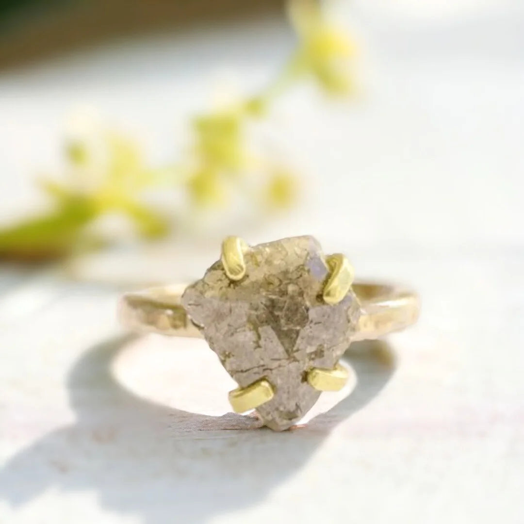 Raw Salt and Pepper Diamond Ring Rustic Hammered Gold Grey Diamond featuring a hammered gold band, slim straight shank, and a raw uncut grey salt and pepper diamond set in a bold minimalist rustic design