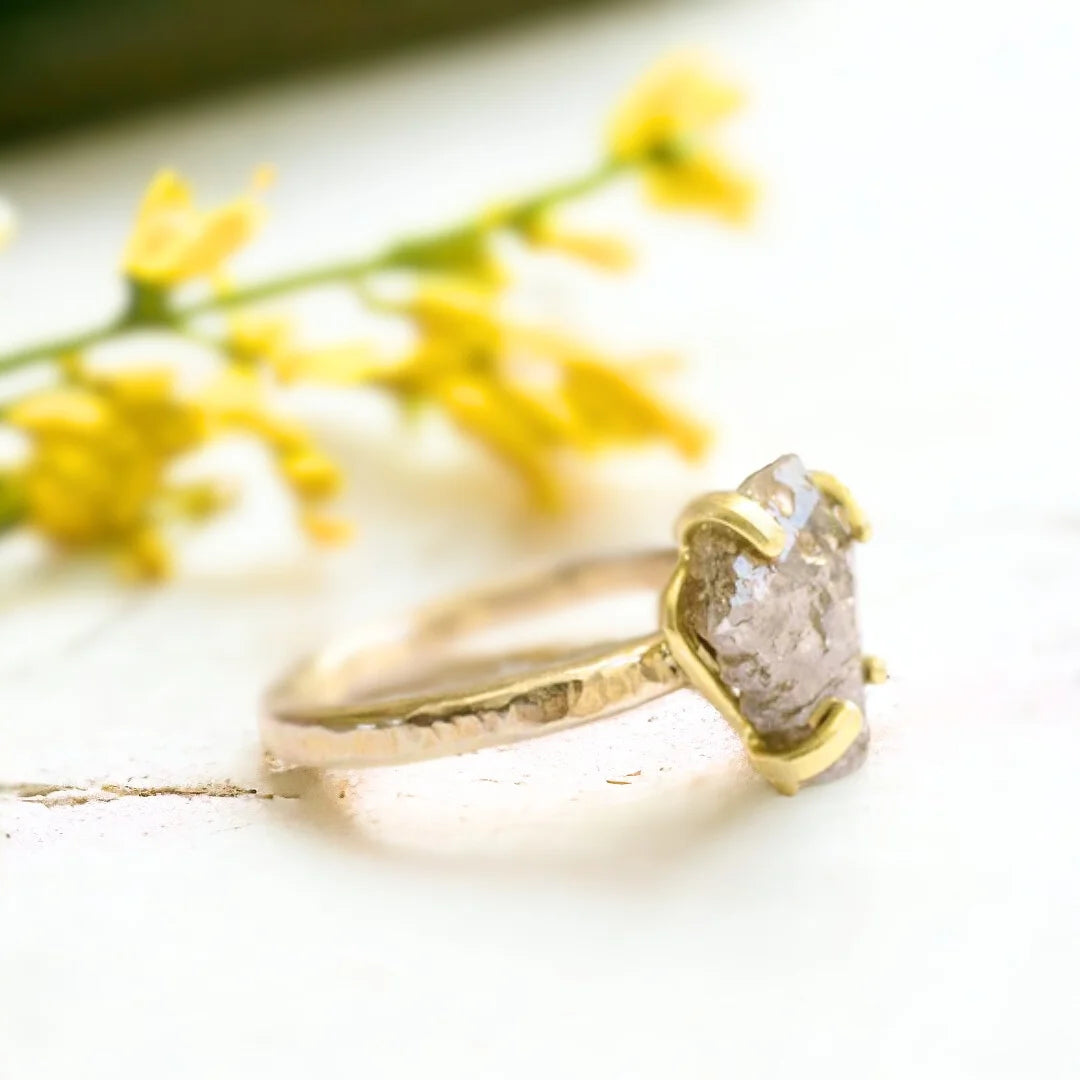 Raw Salt and Pepper Diamond Ring Rustic Hammered Gold Grey Diamond featuring a hammered gold band, slim straight shank, and a raw uncut grey salt and pepper diamond set in a bold minimalist rustic design