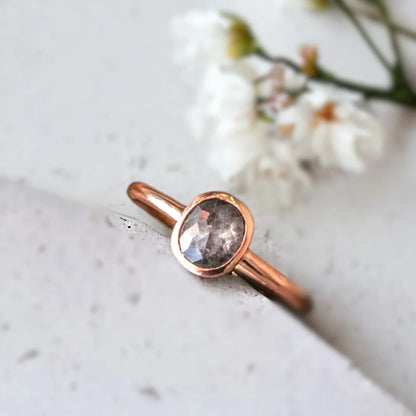 Salt and Pepper Cushion Diamond Ring Rose Gold Bezel Solitaire featuring a natural salt and pepper cushion-cut diamond set in a rose gold bezel solitaire style with a straight shank band and minimalist, elegant design