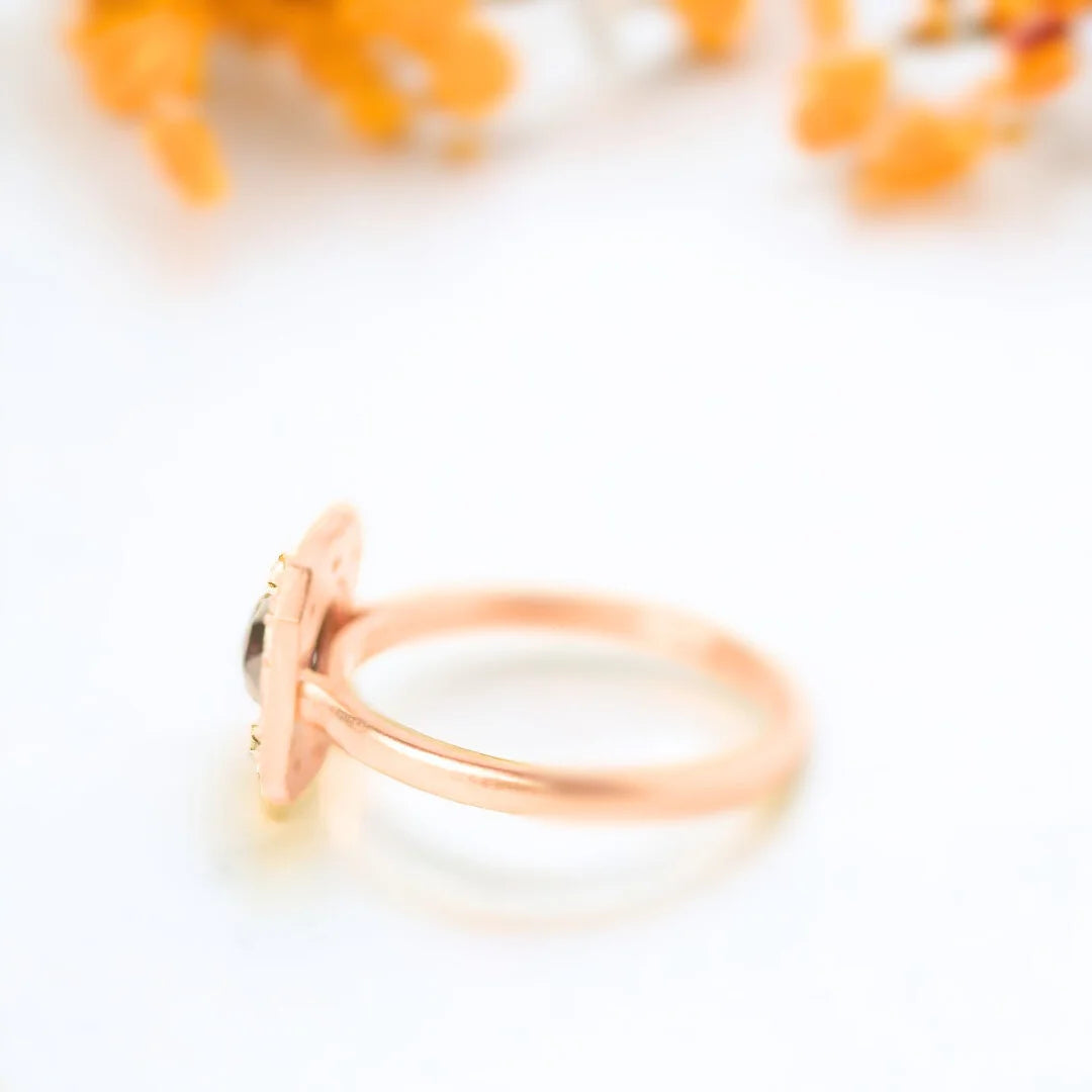 Salt and Pepper Diamond Bezel Ring Rustic Baguette Accents Ring showcasing a round-cut salt-and-pepper diamond in a bezel setting with baguette and round side diamonds and a straight shank, slim band modern design
