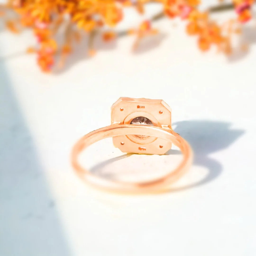 Salt and Pepper Diamond Bezel Ring Rustic Baguette Accents Ring showcasing a round-cut salt-and-pepper diamond in a bezel setting with baguette and round side diamonds and a straight shank, slim band modern design