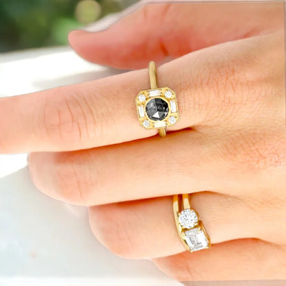 Salt and Pepper Diamond Bezel Ring Rustic Baguette Accents Ring showcasing a round-cut salt-and-pepper diamond in a bezel setting with baguette and round side diamonds and a straight shank, slim band modern design
