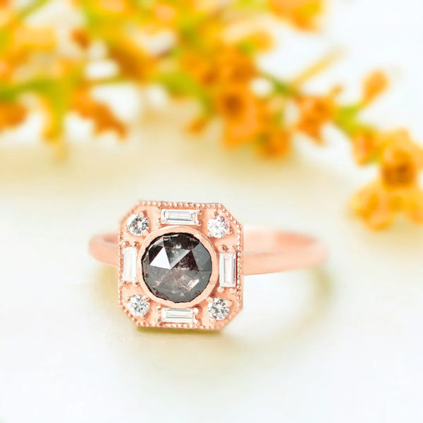 Salt and Pepper Diamond Bezel Ring Rustic Baguette Accents Ring showcasing a round-cut salt-and-pepper diamond in a bezel setting with baguette and round side diamonds and a straight shank, slim band modern design