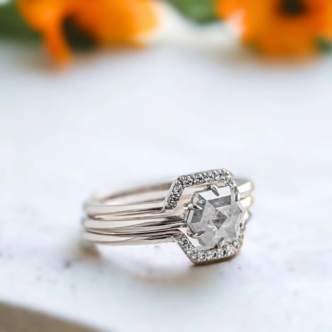 Salt and Pepper Diamond Bridal Ring Set Regal Design featuring a hexagon-cut salt-and-pepper diamond engagement ring set with grey-toned round side stones, straight shank design, and a delicate minimalist band structure in a handcrafted bridal style.