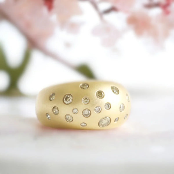 Salt and Pepper Diamond Dome Ring Platinum Dome Resizable Luxury Band featuring a round-cut salt-and-pepper diamond set in a polished platinum dome style band with a bold sculptural reverse tapered design and natural organic inclusions