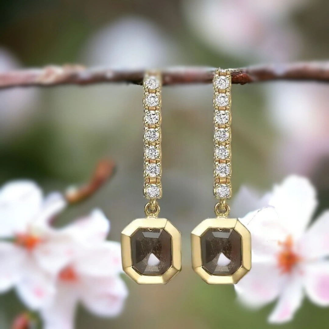 Salt and Pepper Diamond Drop Earrings Timeless Style featuring a drop earring design with a gold-tone setting and natural salt-and-pepper diamonds in an elegant, minimal style