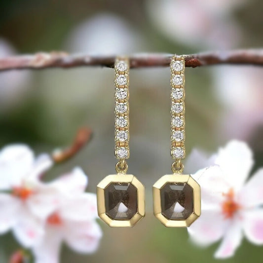 Salt and Pepper Diamond Drop Earrings Timeless Style featuring a drop earring design with a gold-tone setting and natural salt-and-pepper diamonds in an elegant, minimal style