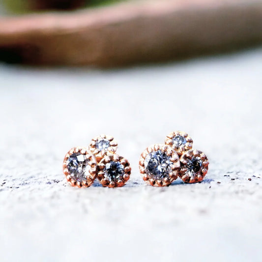 Salt and Pepper Diamond Earrings Galaxy Ear Cuffs Design featuring rose round-cut salt-and-pepper diamonds with 0.44 carat total weight, crafted as classic stud earrings with natural organic inclusions, a minimalist silhouette, and a secure screw-back closure in an elegant handcrafted fine jewelry setting.