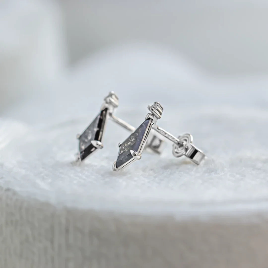 Salt And Pepper Diamond Kite Earrings White Gold Stud Earrings featuring kite cut salt and pepper diamonds in a geometric minimalist stud earring design with a white gold setting and secure screw back style.