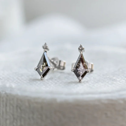 Salt And Pepper Diamond Kite Earrings White Gold Stud Earrings featuring kite cut salt and pepper diamonds in a geometric minimalist stud earring design with a white gold setting and secure screw back style.