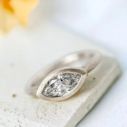 Salt and Pepper Diamond Frame Ring with Marquise Cut Diamond featuring a natural grey tone marquise cut salt and pepper diamond in a frame setting with a straight shank and artisan-crafted fine diamond ring design.
