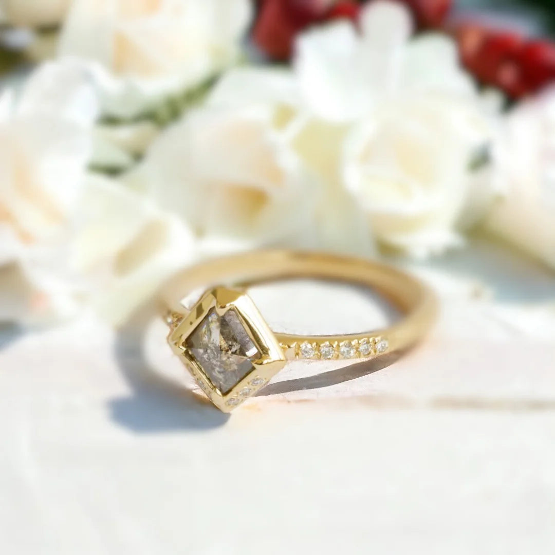 Salt and Pepper Diamond Minimalist Ring 0.72 CT Lozenge Design featuring a natural salt and pepper lozenge-cut diamond with round side diamonds set in a straight shank and slim 1.70mm band with a modern minimalist finish.