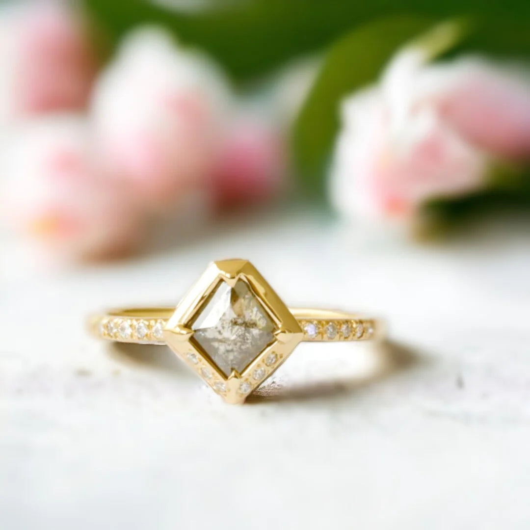 Salt and Pepper Diamond Minimalist Ring 0.72 CT Lozenge Design featuring a natural salt and pepper lozenge-cut diamond with round side diamonds set in a straight shank and slim 1.70mm band with a modern minimalist finish.